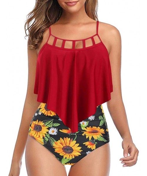 One-Pieces Swimsuits for Women Sunflower Print Two Pieces Bathing Suits Ruffled Racerback Top with High Waisted Bottom - Red ...