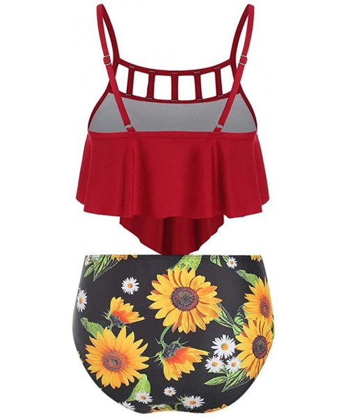 One-Pieces Swimsuits for Women Sunflower Print Two Pieces Bathing Suits Ruffled Racerback Top with High Waisted Bottom - Red ...