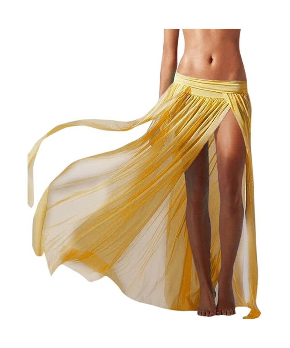 Cover-Ups Women's Sexy High Slit Maxi Beach Skirt Swimsuit Cover Up - Yellow - CP12O5PZLSQ