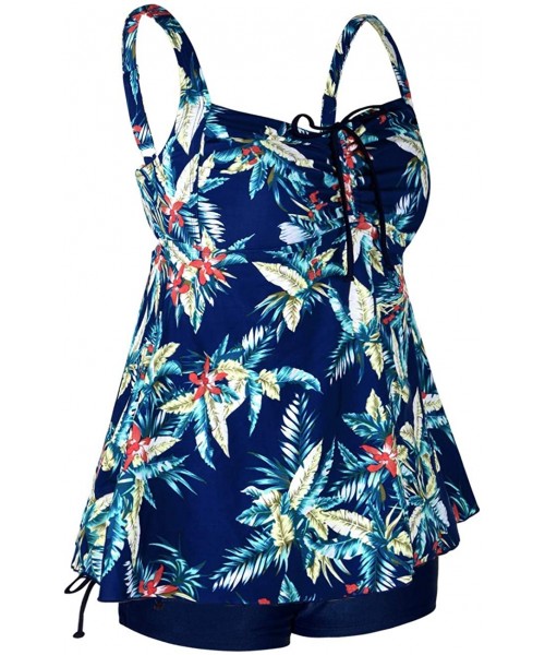 Tankinis Women's Plus Size Swimwear Floral Tankini Set Drawtring Modest Two Piece Swimsuit - Green Leaves - CG12O1FIG36