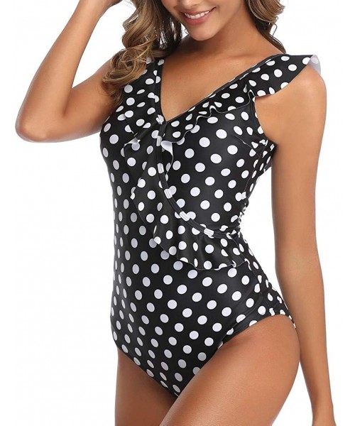 Racing Women's Ruffled Swimwear Floral Printed Swimsuit Tummy Control Bathing Suit Shoulder Strap Tankini - Blacko - C7194MTA7X2