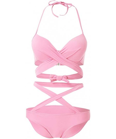 Sets Women's Sexy Two Piece Criss Cross Strappy Cutout Swimsuits Solid Swimwear Bikini Set Beachwear Bathing Suits Pink - C81...