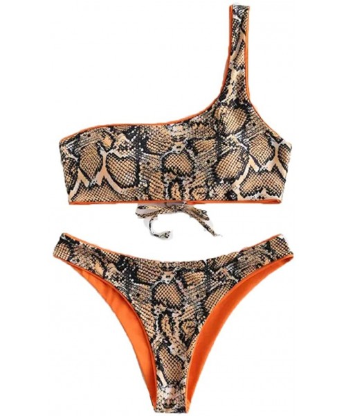 Sets Womens One Shoulder Snake Print Bikini Swimwear Crisscross Lace Up Back High Cut Two Piece Swimsuit - Brown - CO18T88G0UI