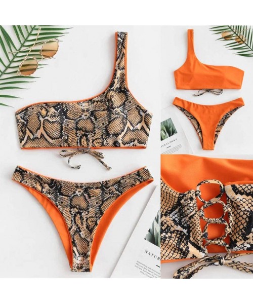 Sets Womens One Shoulder Snake Print Bikini Swimwear Crisscross Lace Up Back High Cut Two Piece Swimsuit - Brown - CO18T88G0UI