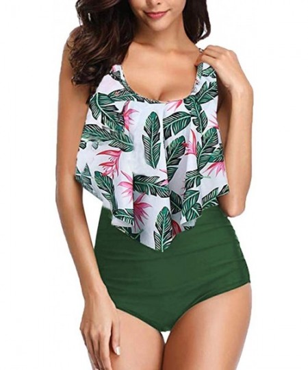 Board Shorts Swimsuits for Women Two Piece Bathing Suits Ruffled Flounce Top with High Waisted Bottom Bikini Set - F-green - ...