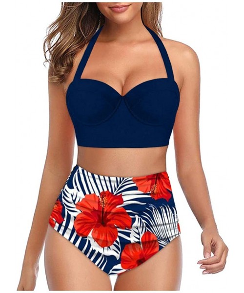 Sets Women Floral Print Swimsuit Halter Crop Tops+High Waist Shorts Two Piece Swimwear Tankini for Ladies - Navy - CW196MGQEZG