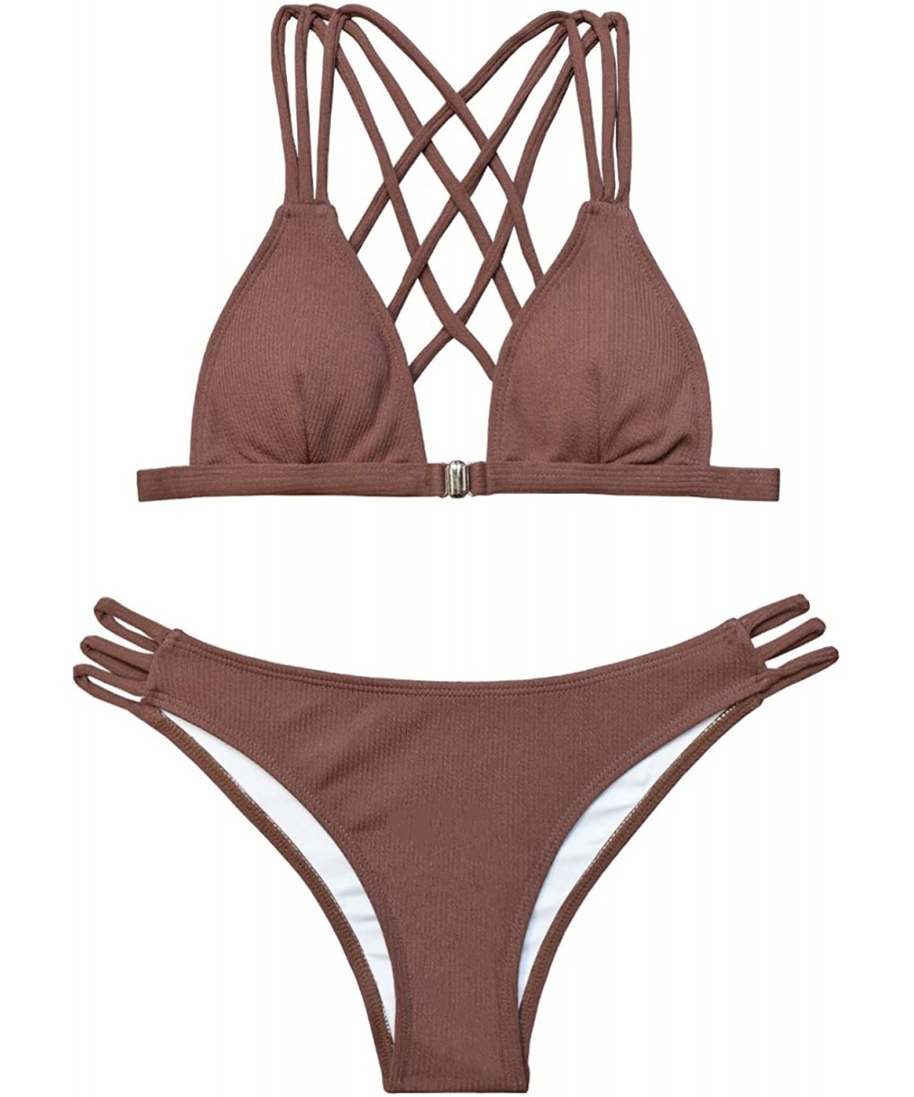 Bottoms Women Strappy Bikini Set High Waisted Beach Bathing Suit - Brown - CG1943INI0O