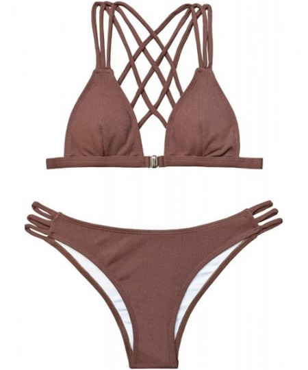 Bottoms Women Strappy Bikini Set High Waisted Beach Bathing Suit - Brown - CG1943INI0O