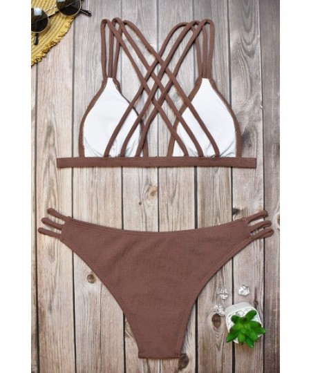 Bottoms Women Strappy Bikini Set High Waisted Beach Bathing Suit - Brown - CG1943INI0O