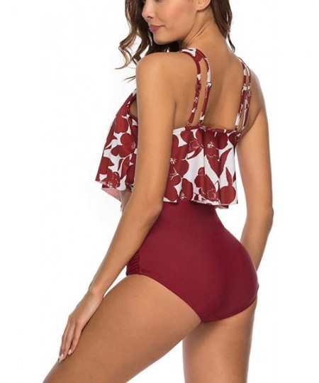 Sets Swimsuits for Women Tummy Control Two Piece Bathing Suit Ruffled Top with High Waisted Bottom Bikini Tankini Set - 016-w...