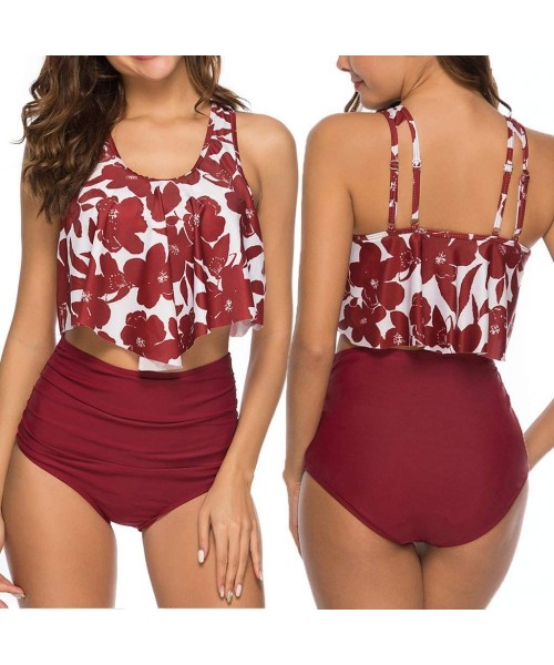 Sets Swimsuits for Women Tummy Control Two Piece Bathing Suit Ruffled Top with High Waisted Bottom Bikini Tankini Set - 016-w...