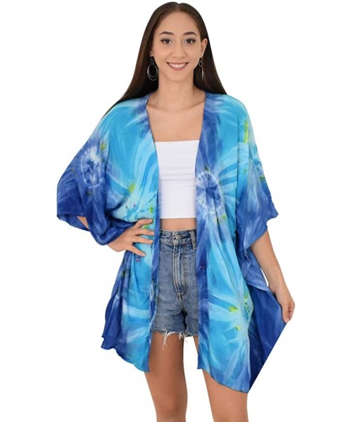 Cover-Ups Kimono Tie-Dye Resortwear Beach Cover - Blue Ocean - C318WQTO9S6