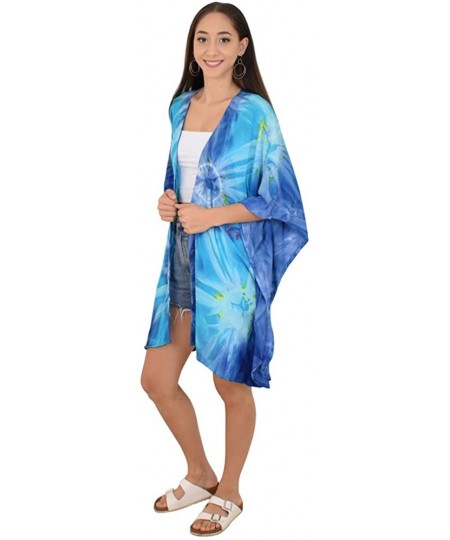 Cover-Ups Kimono Tie-Dye Resortwear Beach Cover - Blue Ocean - C318WQTO9S6