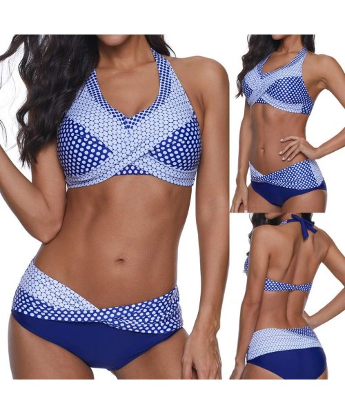 Sets Women Sexy Plus Size Printed Ruffles One-Piece Solid Bikini Set Brazilian Beachwear - A Blue - CV19463QN4Y