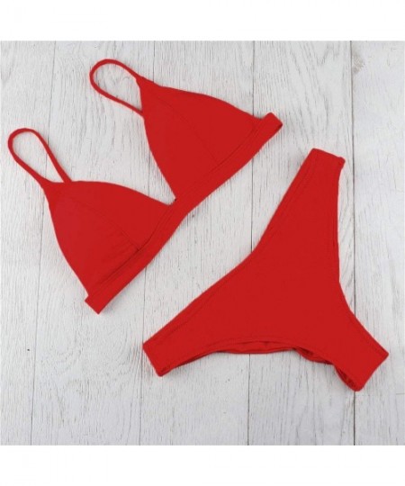 Cover-Ups Women Triangle V Neck Bikini Set Cheeky High Cut Two Piece Swimsuit Bathing Suit - Red - CV19653YWGG