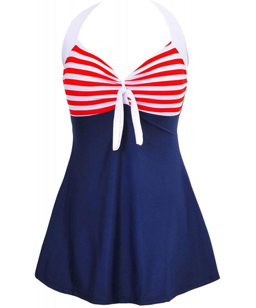 One-Pieces Women's Sexy Halter Neck Stripe Print 1 Piece Swimsuit Mini Swimdress - Red - CD18RH6I4O3