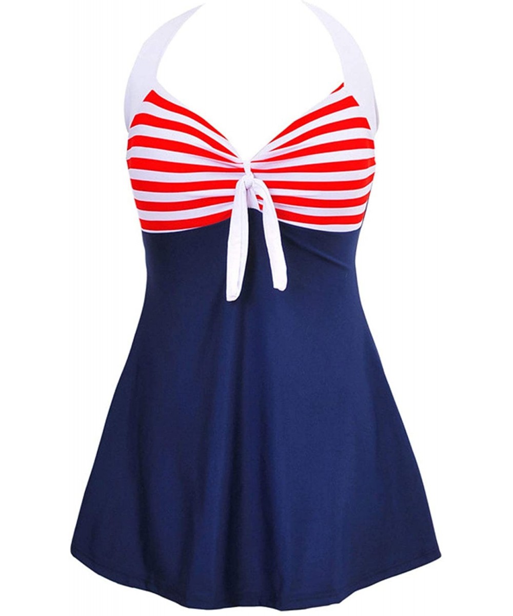 One-Pieces Women's Sexy Halter Neck Stripe Print 1 Piece Swimsuit Mini Swimdress - Red - CD18RH6I4O3