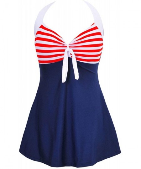 One-Pieces Women's Sexy Halter Neck Stripe Print 1 Piece Swimsuit Mini Swimdress - Red - CD18RH6I4O3