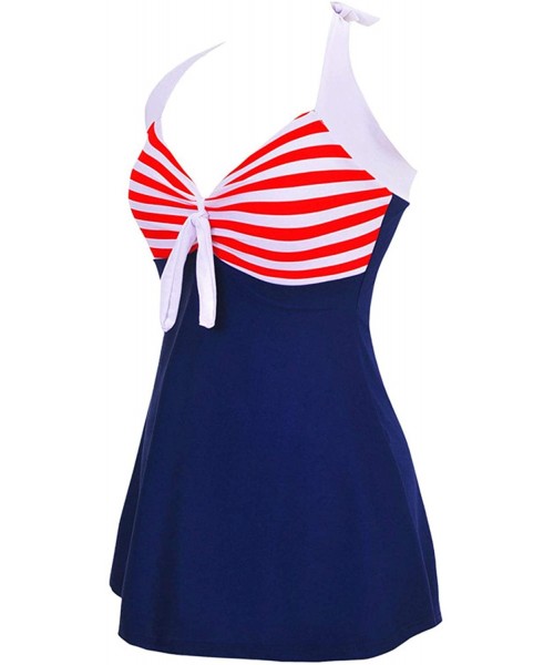 One-Pieces Women's Sexy Halter Neck Stripe Print 1 Piece Swimsuit Mini Swimdress - Red - CD18RH6I4O3