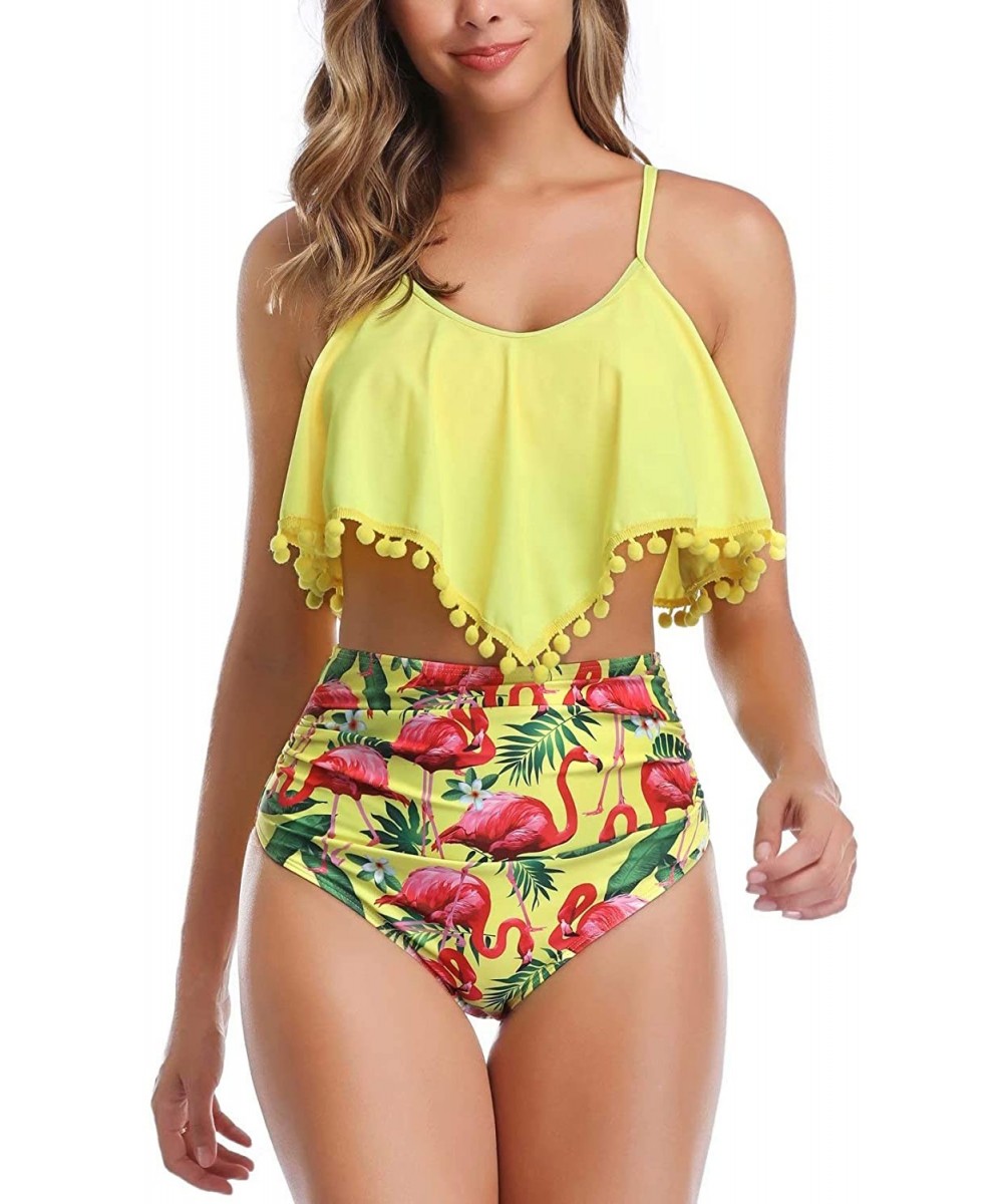 Tankinis High Waisted Swimsuit Flounce Swimwear Ruffle Tassel Vintage Two Piece Bikini - Yellow Floral - C218TQTGIR2