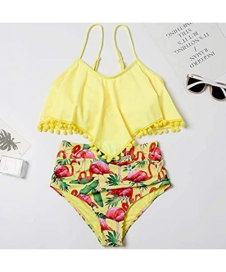 Tankinis High Waisted Swimsuit Flounce Swimwear Ruffle Tassel Vintage Two Piece Bikini - Yellow Floral - C218TQTGIR2