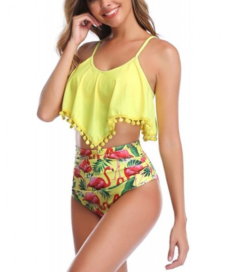 Tankinis High Waisted Swimsuit Flounce Swimwear Ruffle Tassel Vintage Two Piece Bikini - Yellow Floral - C218TQTGIR2