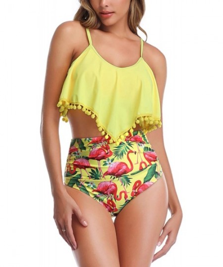 Tankinis High Waisted Swimsuit Flounce Swimwear Ruffle Tassel Vintage Two Piece Bikini - Yellow Floral - C218TQTGIR2