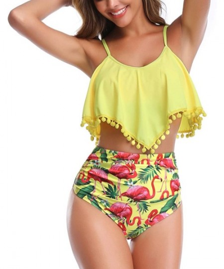 Tankinis High Waisted Swimsuit Flounce Swimwear Ruffle Tassel Vintage Two Piece Bikini - Yellow Floral - C218TQTGIR2