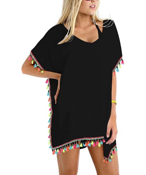 Cover-Ups Women Chiffon Tassel Swimsuit Bikini Stylish Beach Cover up - Colorbesom_black - CT18KZN3U69