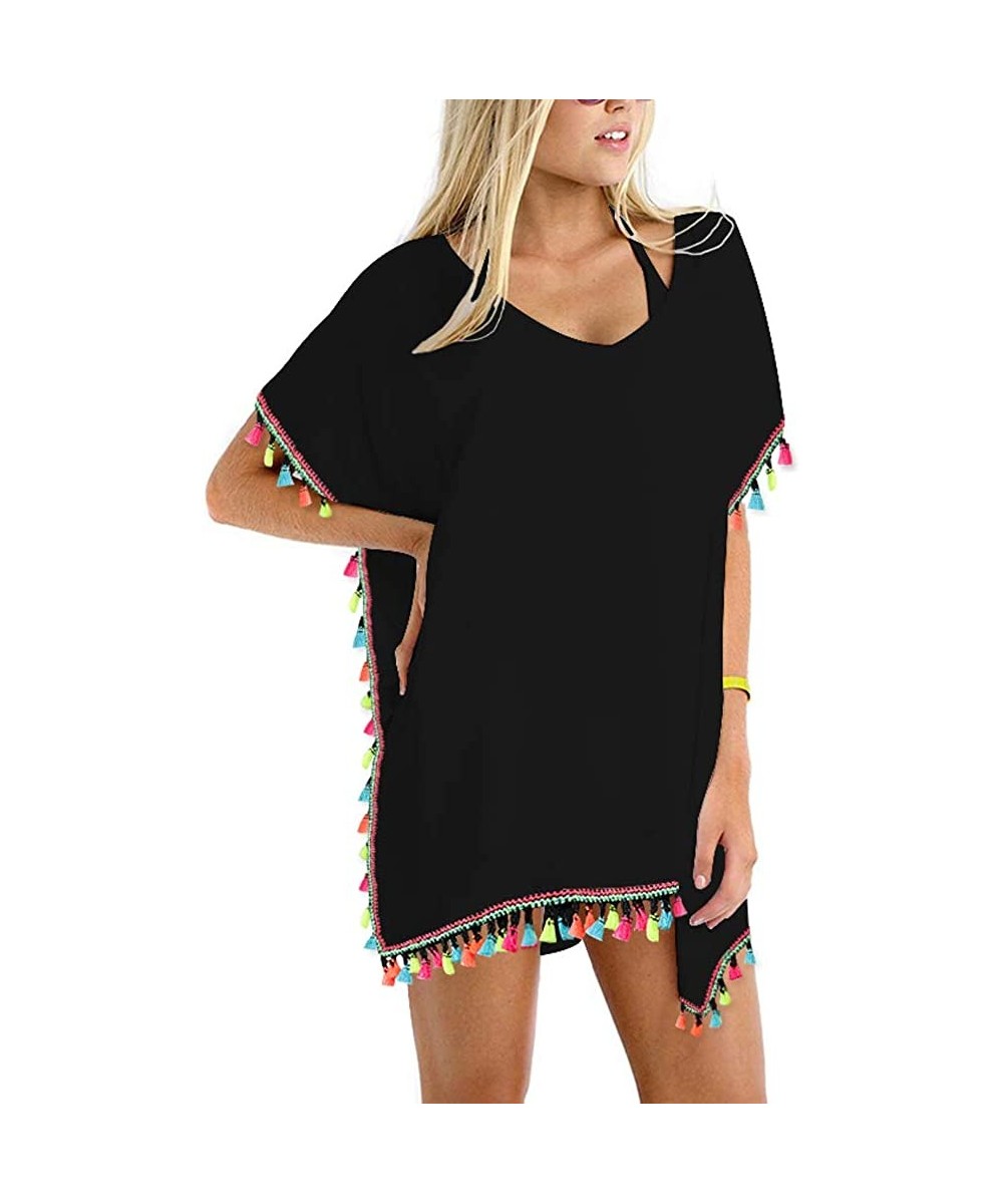 Cover-Ups Women Chiffon Tassel Swimsuit Bikini Stylish Beach Cover up - Colorbesom_black - CT18KZN3U69