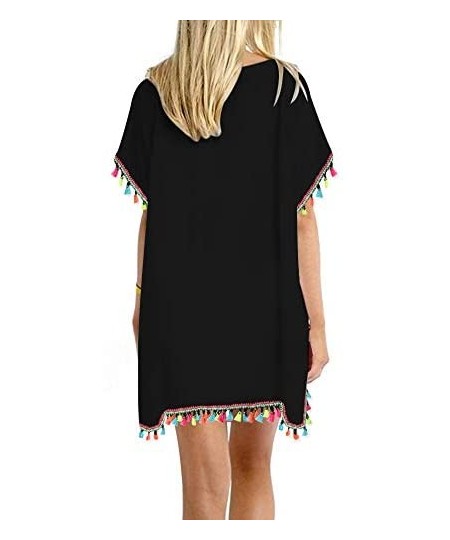 Cover-Ups Women Chiffon Tassel Swimsuit Bikini Stylish Beach Cover up - Colorbesom_black - CT18KZN3U69