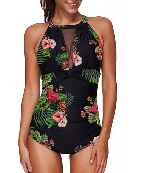 One-Pieces Women One Piece Floral Printed Swimsuit High Neck Mesh Ruched Swimwear - Black - CC18M4G58ZG