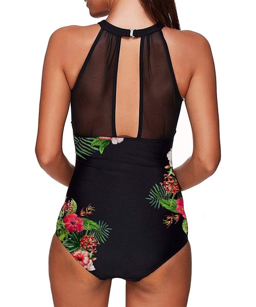 One-Pieces Women One Piece Floral Printed Swimsuit High Neck Mesh Ruched Swimwear - Black - CC18M4G58ZG