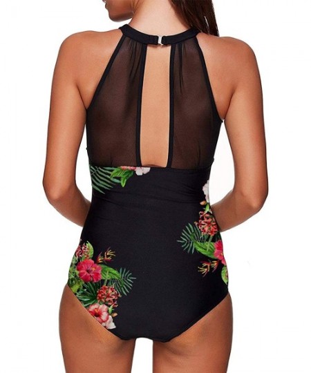 One-Pieces Women One Piece Floral Printed Swimsuit High Neck Mesh Ruched Swimwear - Black - CC18M4G58ZG