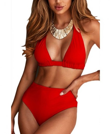 Sets Women's Sexy Self Tie Halter High Waisted Bandage 2PCS Bikini Set Swimsuit - Red - C018Q2U2R4C