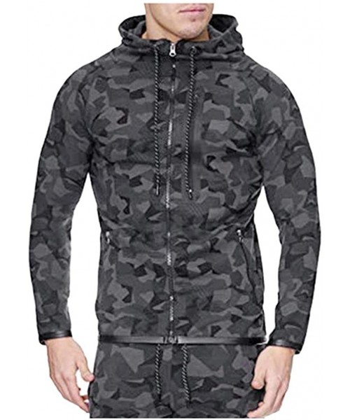 Trunks Mens Camouflage Print Zipper Hoodies Casual Long Sleeve Hooded Sweatshirt Drawstring Slim Fit Sport Outwear - Black - ...