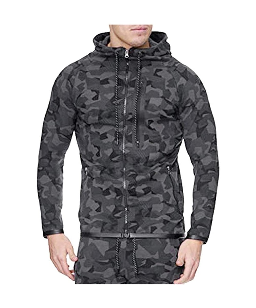 Trunks Mens Camouflage Print Zipper Hoodies Casual Long Sleeve Hooded Sweatshirt Drawstring Slim Fit Sport Outwear - Black - ...