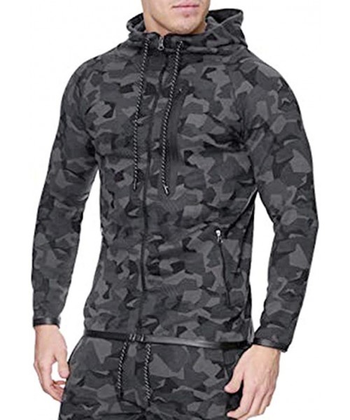 Trunks Mens Camouflage Print Zipper Hoodies Casual Long Sleeve Hooded Sweatshirt Drawstring Slim Fit Sport Outwear - Black - ...