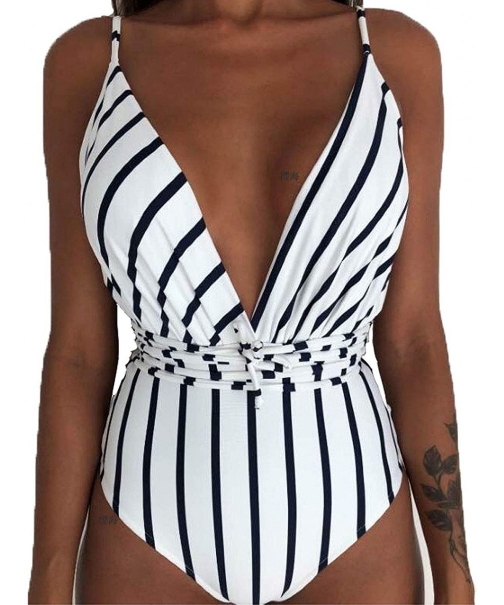 One-Pieces Women's Deep V Neck Monokini Halter Backless High Waist One Piece Swimsuits - Stripe - CN18RL8U80D