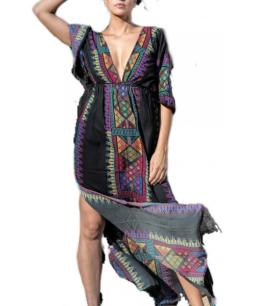 Cover-Ups Swimsuit Cover ups for Women Plus Size Women's Embroidered Floral Ethnic Print Kaftan Maxi Dress Summer Beach Dress...