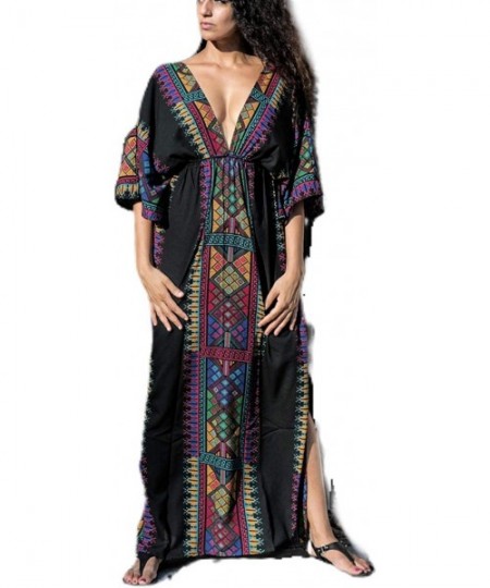 Cover-Ups Swimsuit Cover ups for Women Plus Size Women's Embroidered Floral Ethnic Print Kaftan Maxi Dress Summer Beach Dress...