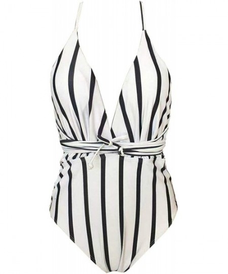 One-Pieces Women's Deep V Neck Monokini Halter Backless High Waist One Piece Swimsuits - Stripe - CN18RL8U80D