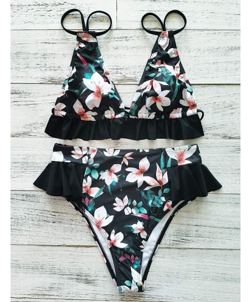 Sets High Waisted Ruffle Bikini Set Women Triangle Two Piece Straps Swimsuit Beachwear - Print-32 - CU19C98SD39