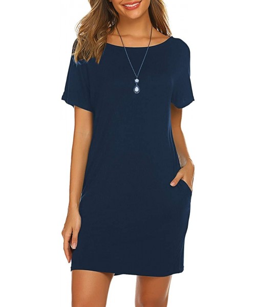 Cover-Ups Women's Casual Criss Cross Short Sleeve Beach Tunic T Shirt Dress with Pockets - Blue - CG18QKR7X30