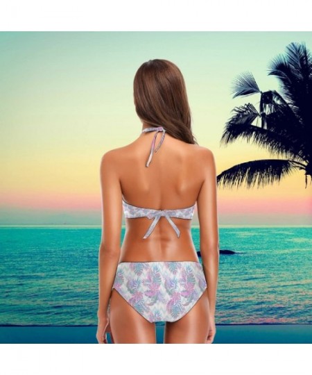 Sets Women's Chic Swimwear Sexy 2 Piece High Waist Halter Bandage Back Padded Swimsuit Bikini Set - Tropical Leaves - C218EU0...