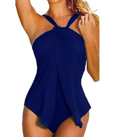 Racing Womens Halter Neck Wrap Split Front Tankini One Piece Swimsuit Monokini - Dark Blue - CM182083O6M