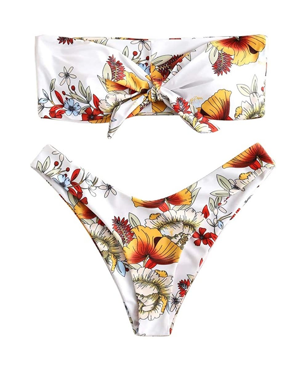 Sets Womens Tube Top Bowkont Bikini Set Strapless Bandeau with Floral Print Knot Swimsuit Bikini Set. - White - C2199OQRW6Y