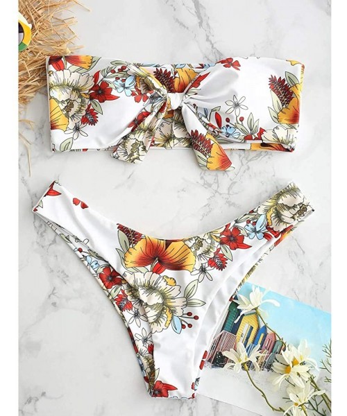 Sets Womens Tube Top Bowkont Bikini Set Strapless Bandeau with Floral Print Knot Swimsuit Bikini Set. - White - C2199OQRW6Y