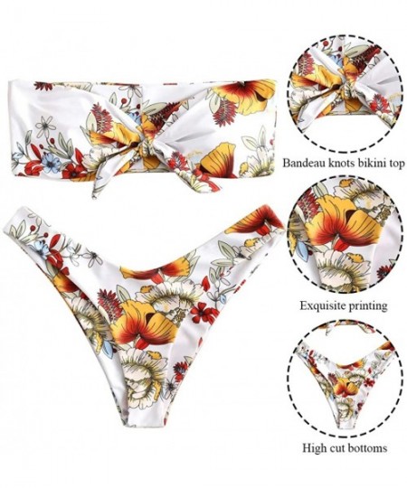 Sets Womens Tube Top Bowkont Bikini Set Strapless Bandeau with Floral Print Knot Swimsuit Bikini Set. - White - C2199OQRW6Y