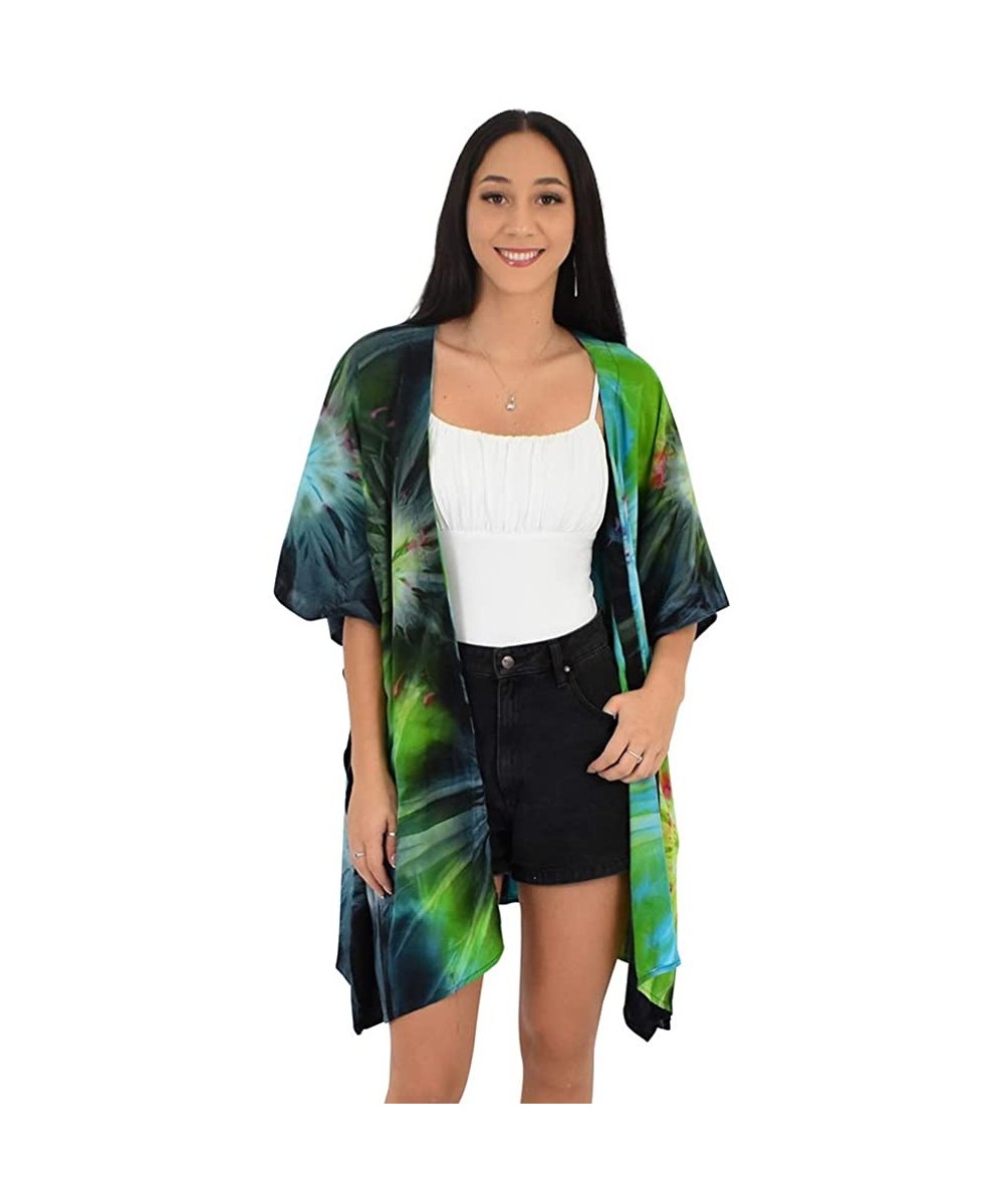 Cover-Ups Kimono Tie-Dye Resortwear Beach Cover - Blue / Green - CM18NQYDTHW